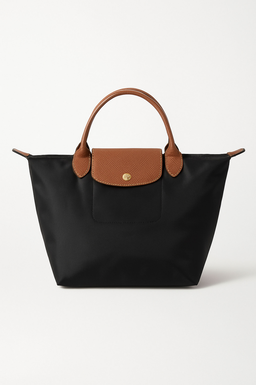 Longchamp Le Pilage Original nylon small tote/ purse in black with leather trim.